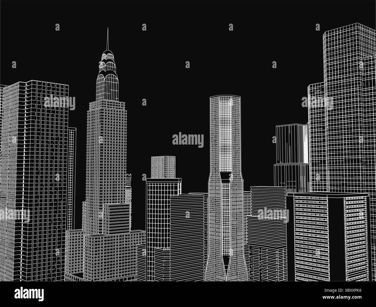 Skyline cittadino bianco e nero con grattacieli torreggianti sotto un'atmosfera buia e soffusa, che mostra l'architettura urbana e le moderne atmosfere della metropoli. Il Illustrazione Vettoriale