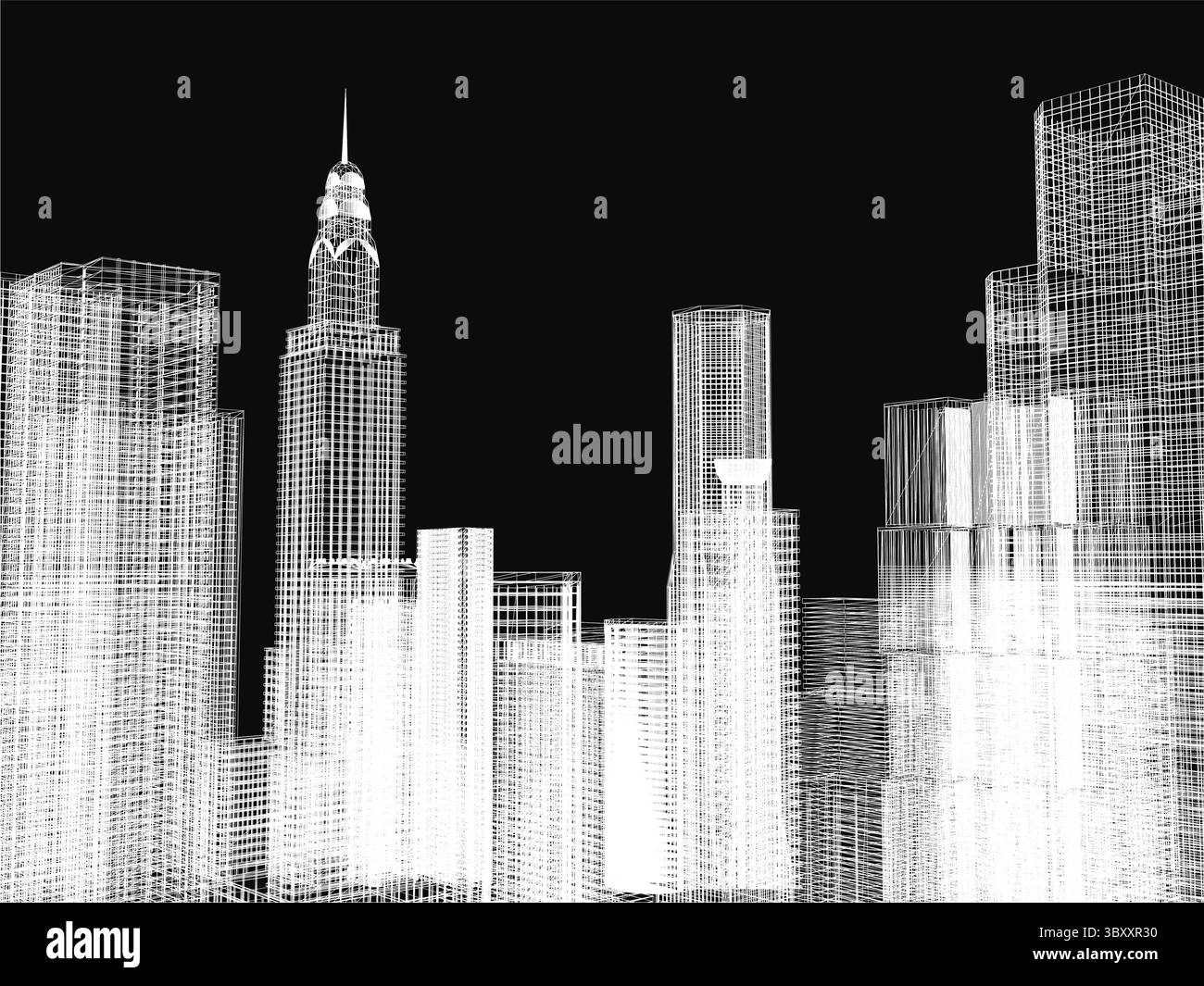 Skyline cittadino bianco e nero con grattacieli giganti disposti in una precisa griglia, che ricorda un progetto architettonico. Lo sfondo scuro Illustrazione Vettoriale