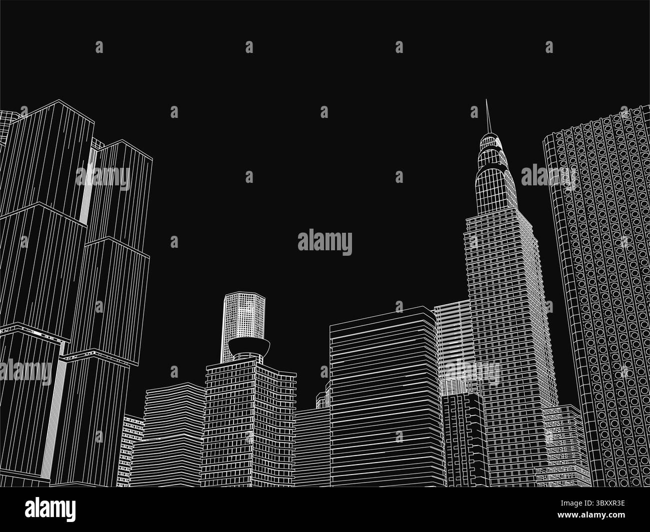 I grattacieli dominano lo skyline della città bianco e nero, torreggiando su uno sfondo scuro e soffice. L'illustrazione presenta dettagli architettonici nitidi, Illustrazione Vettoriale