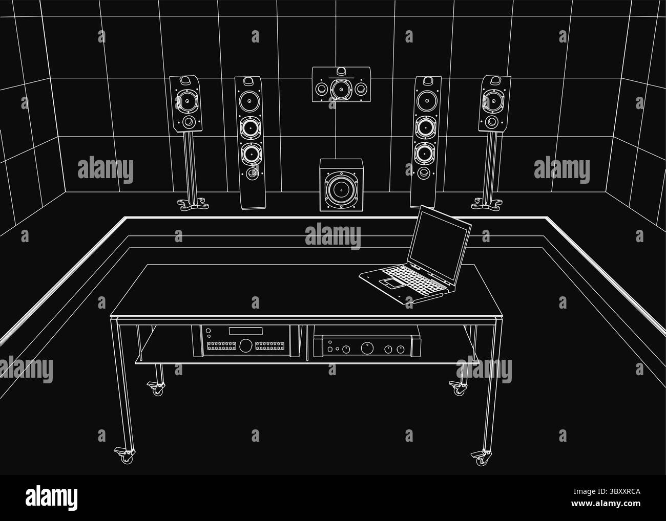 Un disegno in bianco e nero del contorno di una sala di registrazione con un computer portatile su un tavolo, circondato da altoparlanti e vari oggetti. Viene visualizzato lo sfondo Illustrazione Vettoriale