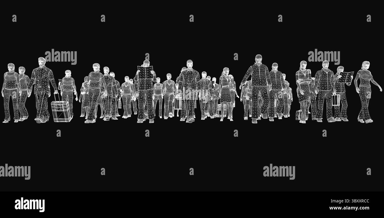 Un gruppo numeroso di animati che si stagliano su una linea dinamica su sfondo nero, creando un senso di movimento ed energia. Le figure stilizzate sono e. Illustrazione Vettoriale