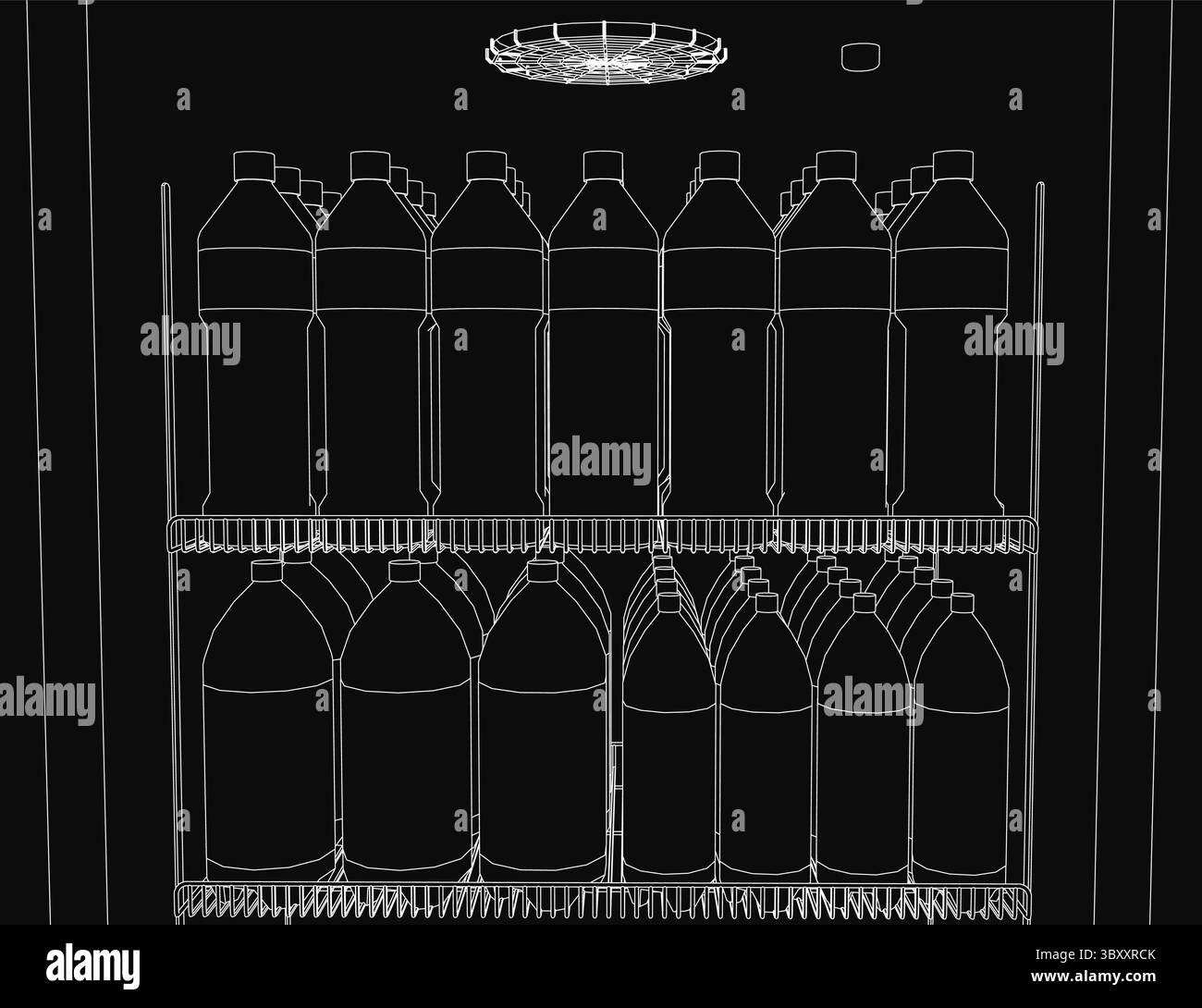 Un contorno bianco e nero di bottiglie d'acqua disposte in modo ordinato su un ripiano, illuminato da una luce soffusa. L'archiviazione organizzata assomiglia Illustrazione Vettoriale