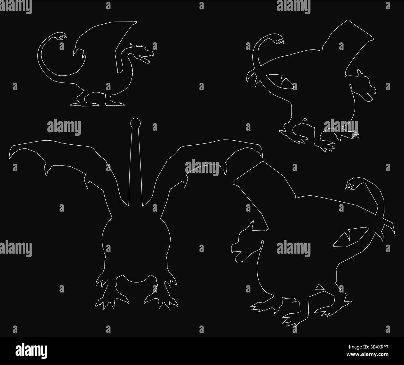 Quattro sagome uniche di drago disposte simmetricamente, con le più grandi al centro e quelle più piccole su ciascun lato. Il disegno in bianco e nero Illustrazione Vettoriale