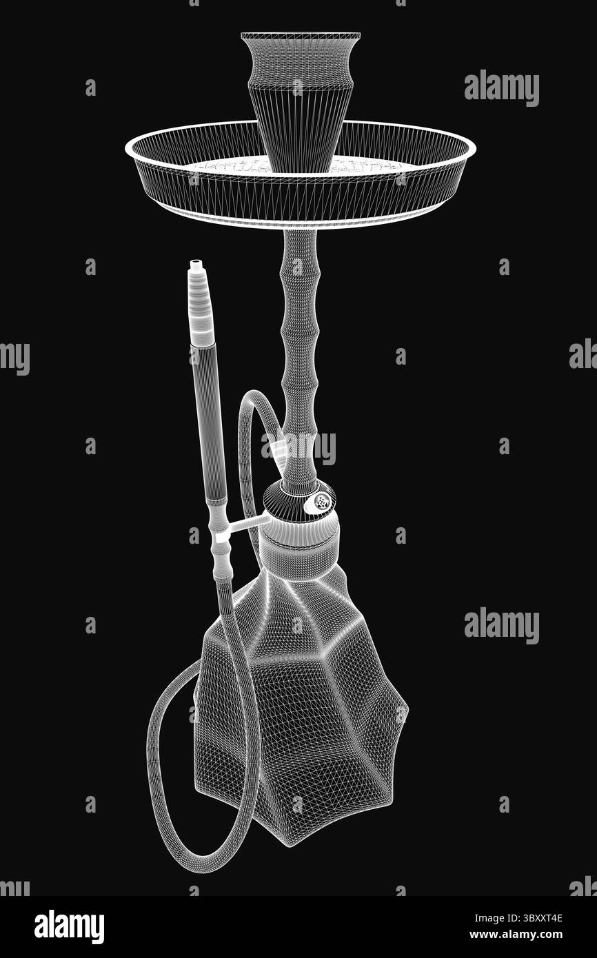 Un modello 3D di narghilè bianco con dettagli intricati, tra cui il manico ricurvo, il recipiente decorato e il beccuccio sottile, si distingue per un elegante barattolo nero Illustrazione Vettoriale