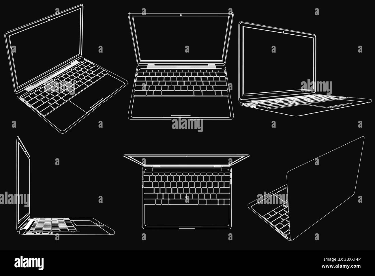 I laptop sono disposti in fila su uno sfondo nero, ciascuno caratterizzato da un design, dimensioni e colori unici che vanno dall'argento al nero. Il layout pulito Highli Illustrazione Vettoriale