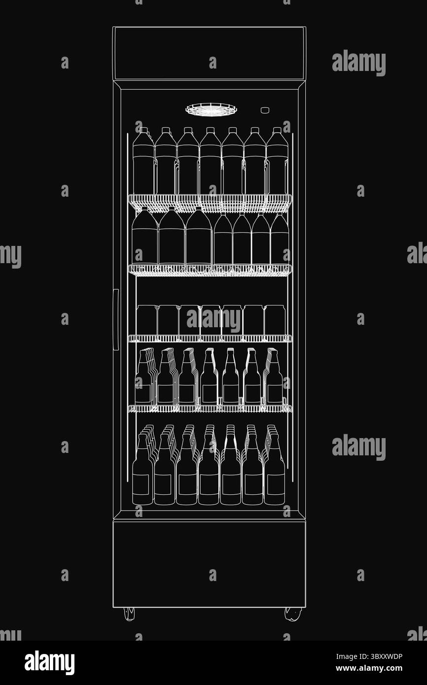 Un disegno del contorno bianco e nero di un frigorifero rifornito di bottiglie di birra disposte in modo ordinato, che mostrano una chiara visibilità del contenuto. Il pulito Illustrazione Vettoriale