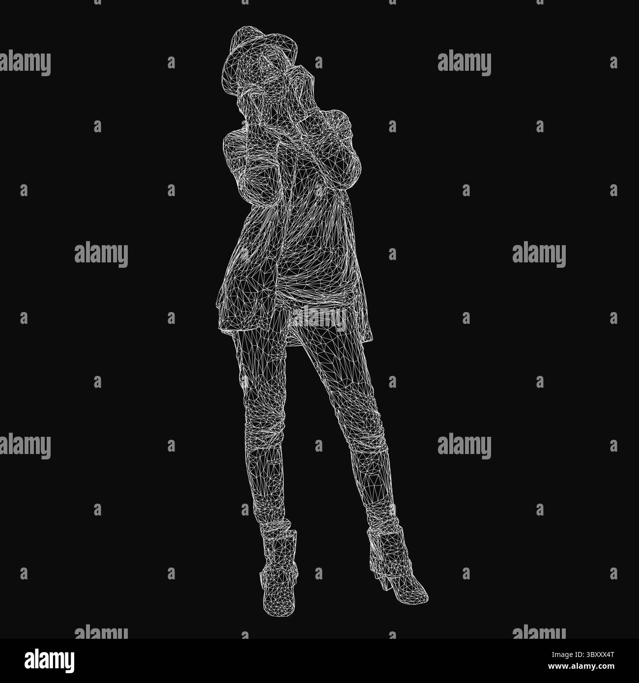 Una donna a reticolo con abito e cappello si staglia su uno sfondo nero, composto da linee intricate e forme geometriche. Il modello umano 3D dettagliato f Illustrazione Vettoriale
