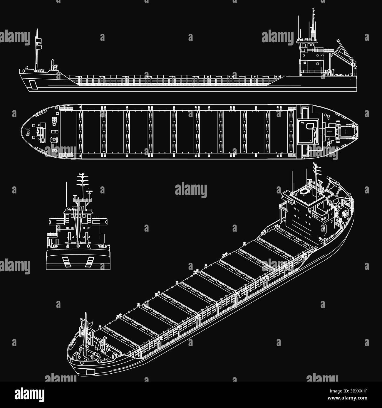 Progetto dettagliato di una grande nave da carico su sfondo nero, con scafo, sovrastruttura e intricati elementi di design. Il drawi tecnico Illustrazione Vettoriale