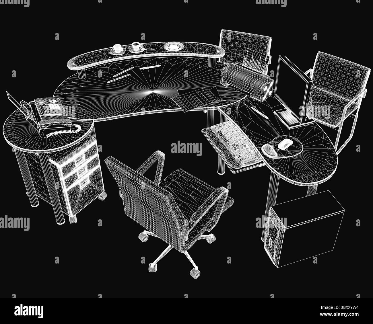 Moderno modello di scrivania 3D con due eleganti sedie e un computer, dotato di monitor, tastiera e mouse su sfondo scuro. Viene visualizzata l'area di lavoro Illustrazione Vettoriale