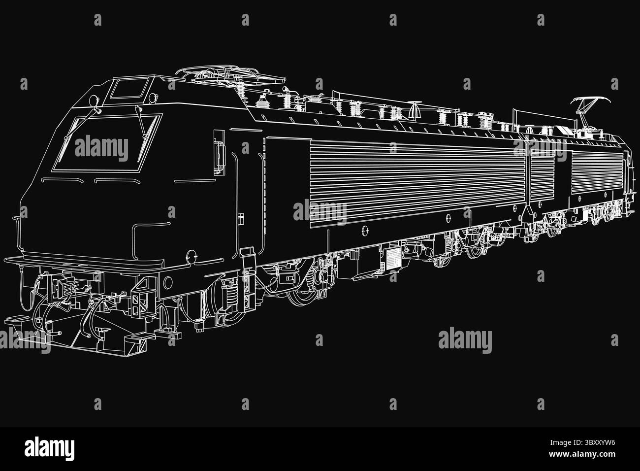 Modello 3D in bianco e nero di una locomotiva diesel con dettagli meccanici complessi, con rendering su sfondo scuro per un contrasto sorprendente. L'illustratore Illustrazione Vettoriale