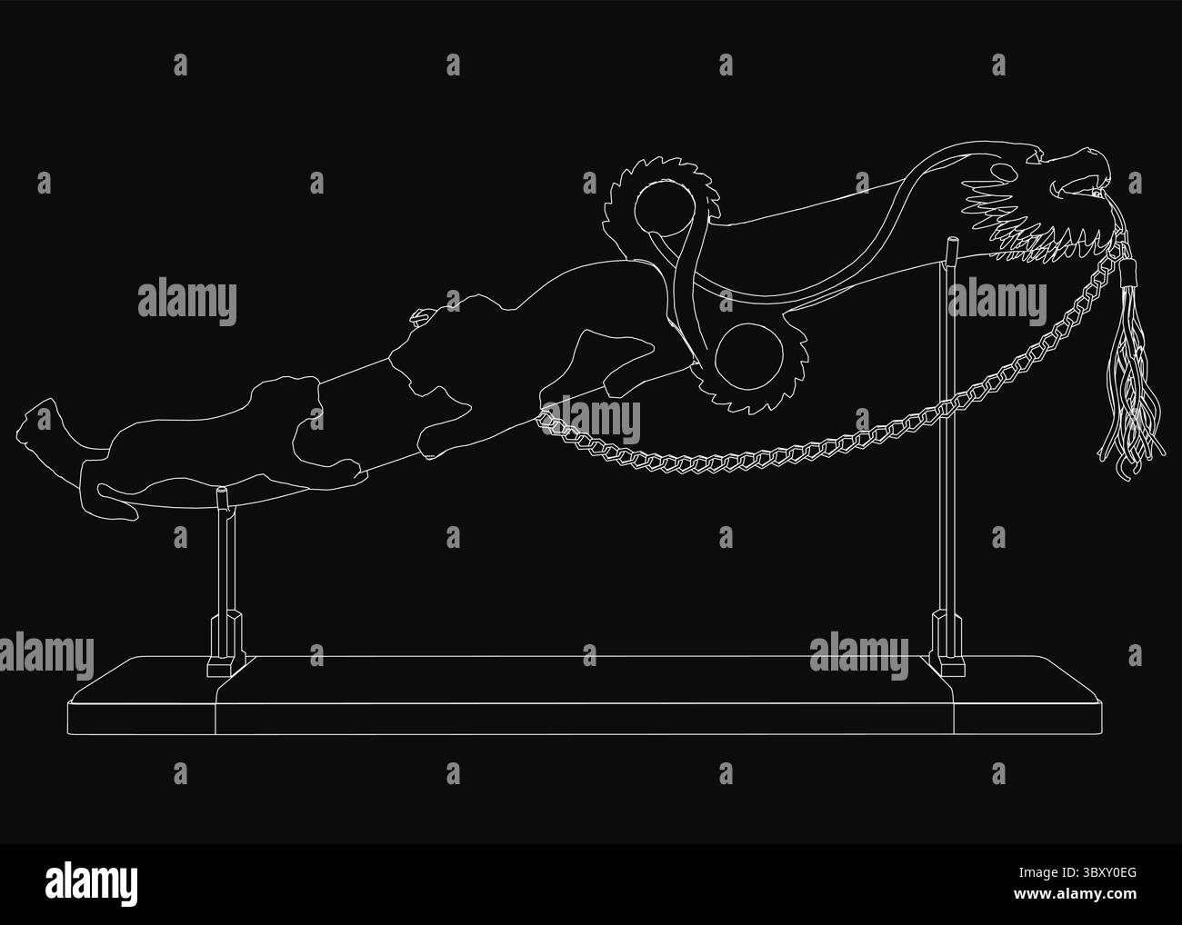 Un pugnale decorativo con una guaina si trova su un espositore, con una testa di drago sul manubrio e una catena. La guaina ha contorni di tigre, con il bianco Illustrazione Vettoriale