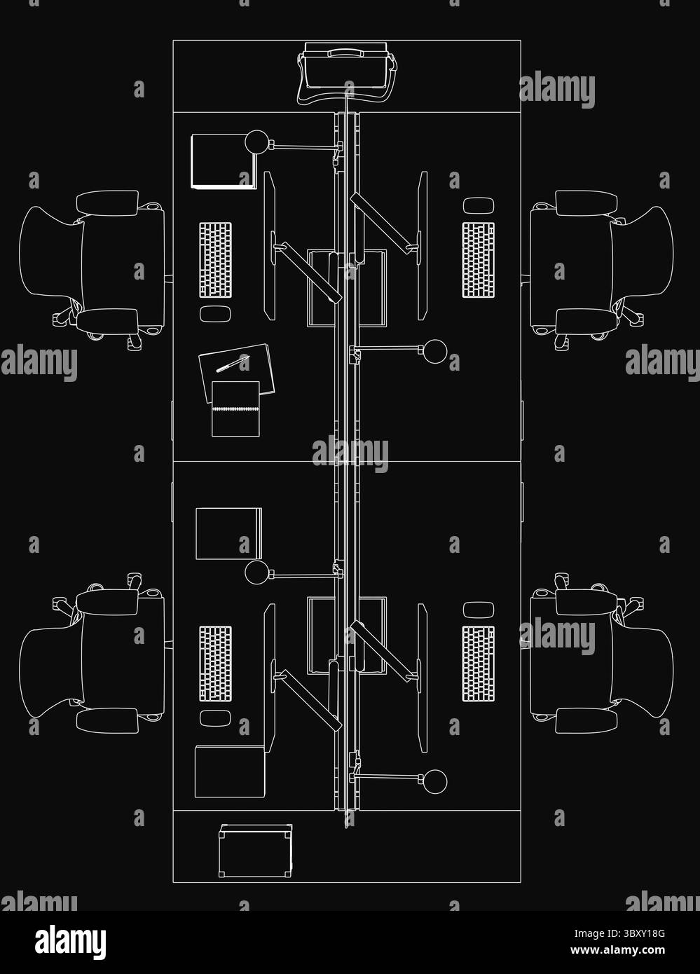 Un disegno in bianco e nero di una scrivania da ufficio con sedie e un computer, disposti simmetricamente su uno sfondo scuro. L'illustratore dettagliato Illustrazione Vettoriale