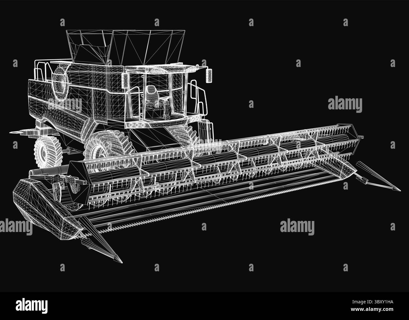 Il modello a reticolo 3D di una mietitrebbia si distingue su uno sfondo nero profondo. Il design dettagliato include fari, una griglia e ruote, S Illustrazione Vettoriale