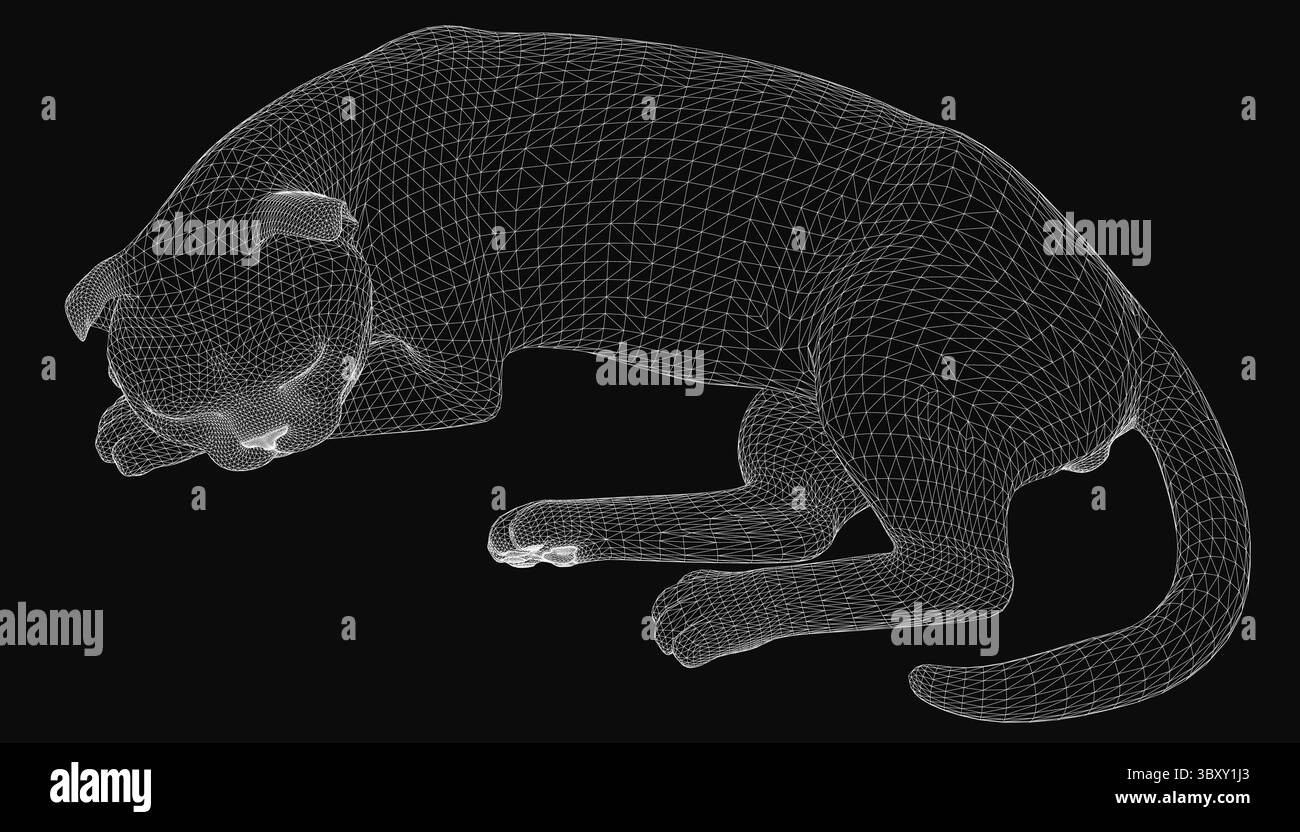 Un elegante modello Cat 3D è in posa su uno sfondo nero. Il gatto grande dettagliato presenta texture realistiche ed è compatibile Illustrazione Vettoriale