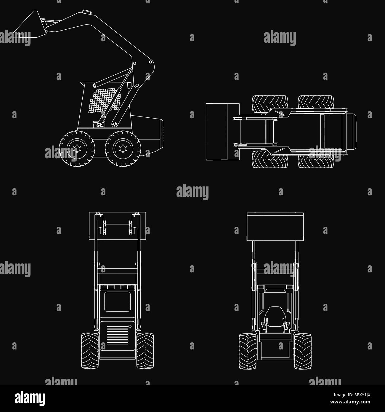 Un progetto dettagliato di una minipala gommata SSL con sfondo nero, che mostra il suo preciso design vettoriale. L'illustrazione evidenzia i componenti principali Illustrazione Vettoriale