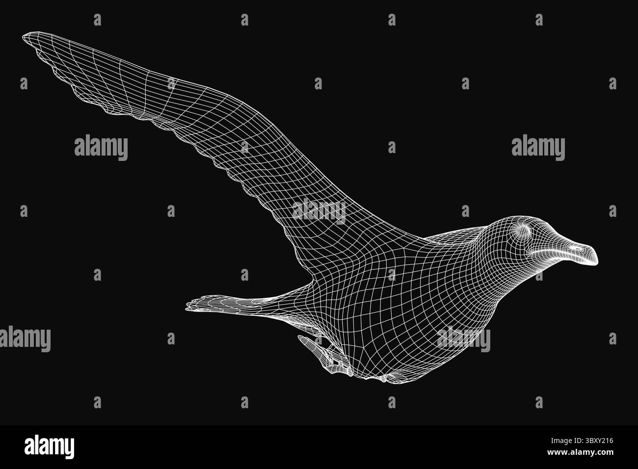 Un gabbiano a reticolo 3D a metà volo, con rendering realistico su sfondo scuro. Le ali dell'uccello sono allungate, catturando m dinamiche Illustrazione Vettoriale