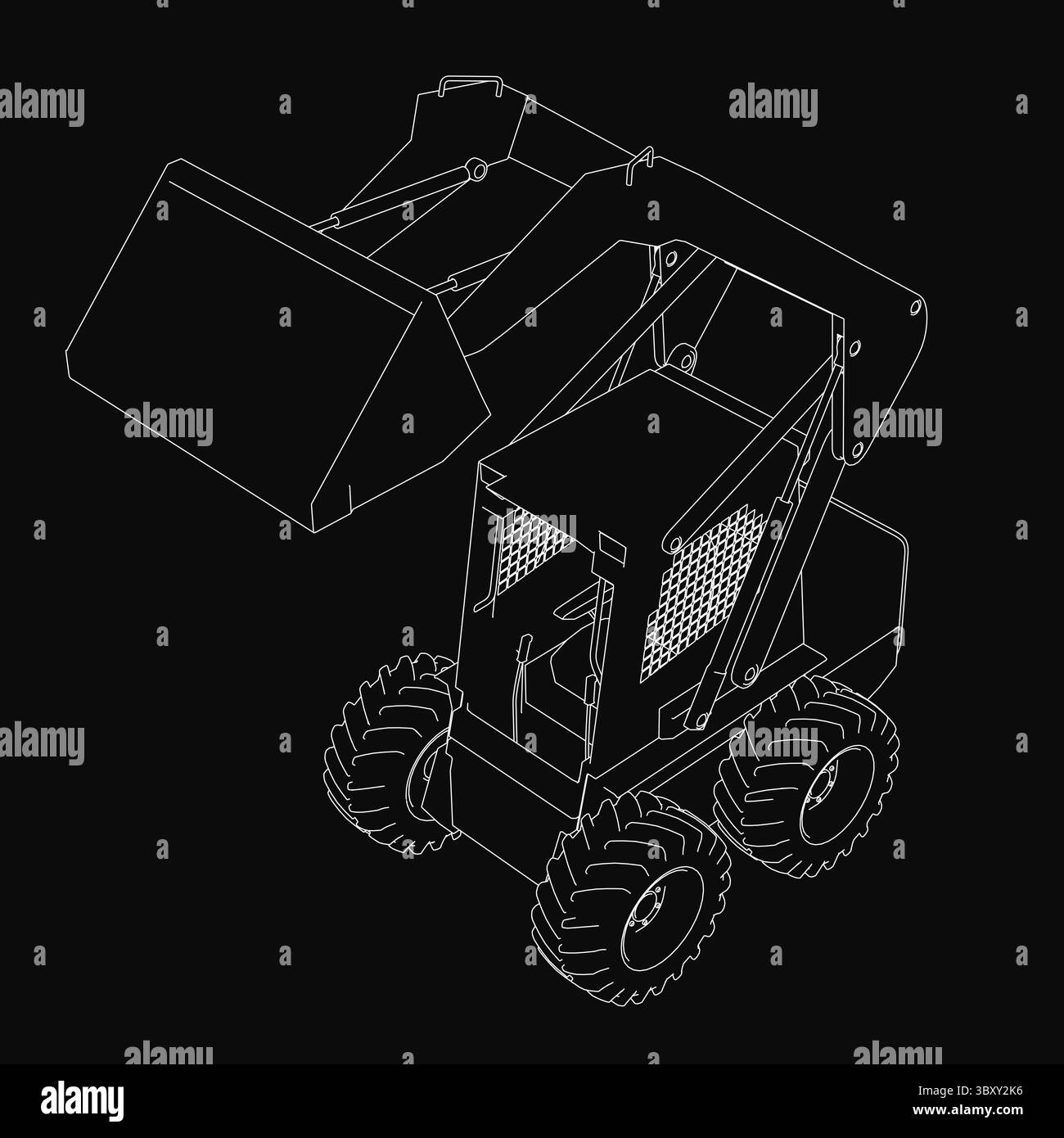 Minipala Bobcat disegnata in bianco e nero su sfondo scuro, con ruote grandi, una cabina prominente e uno stile dettagliato simile a quello di uno schizzo. Illustrazione Vettoriale