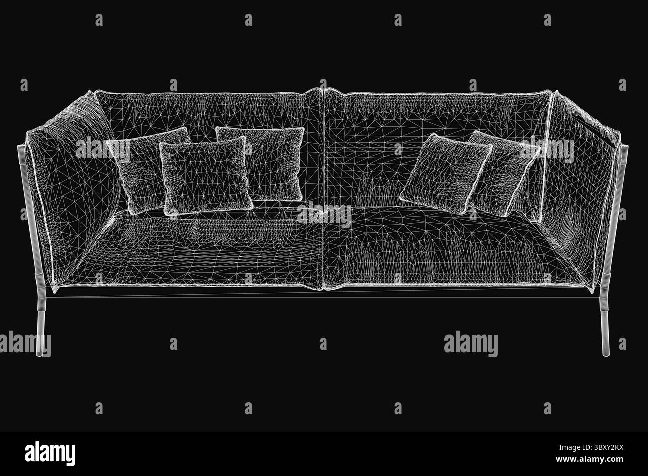 Modello a reticolo 3D di un divano contemporaneo con morbidi cuscini, linee pulite e design moderno. La struttura della mesh trasparente evidenzia Illustrazione Vettoriale Modello a reticolo 3D di un divano contemporaneo con morbidi cuscini, linee pulite e design moderno. La struttura della mesh trasparente evidenzia Illustrazione Vettoriale