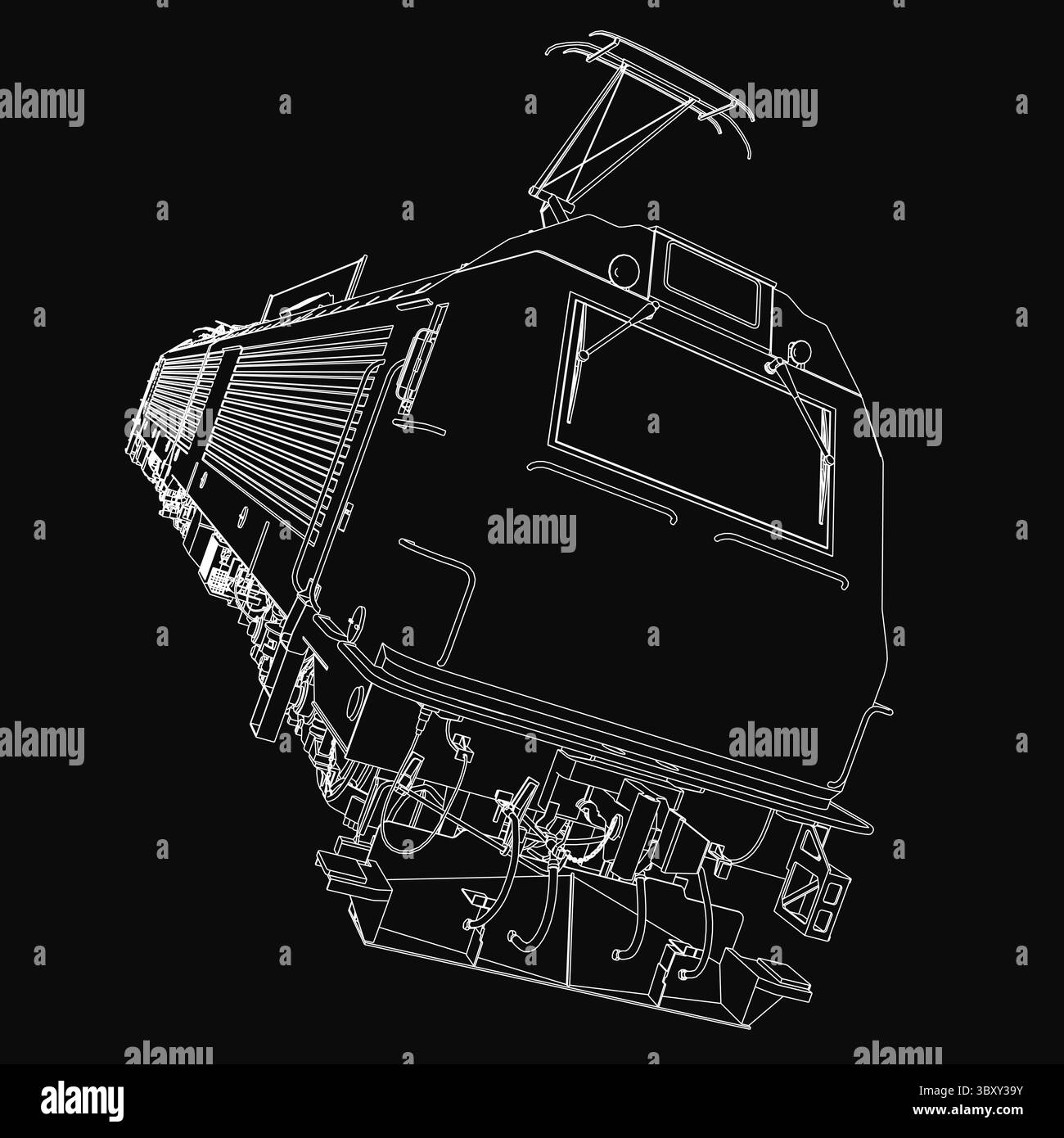 Un disegno dettagliato in bianco e nero di un treno locomotivo su sfondo scuro, con intricati binari, ruote e componenti del motore. Il monochro Illustrazione Vettoriale