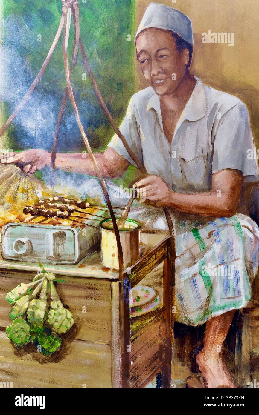 Un murale a Kampong Glam, Singapore, un'area dominata dal malese, raffigurante un uomo malese in tradizionale satay arrosto, cioè carne condita e spiedata Foto Stock