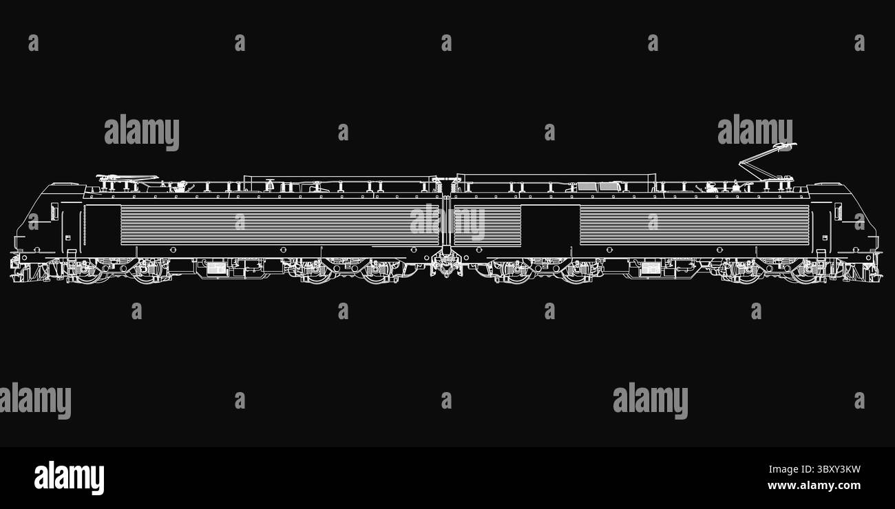 Progetto di una locomotiva elettrica in bianco e nero, con componenti dettagliati del motore, cabine passeggeri ed elementi meccanici. Il tecnico Illustrazione Vettoriale