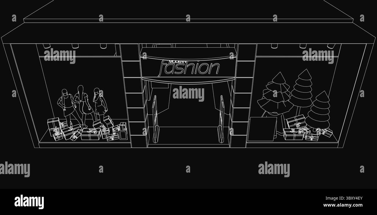Un'illustrazione in bianco e nero di una vetrina con persone riunite all'esterno, mentre all'interno figure, alberi e oggetti sono visibili contro una schiena scura Illustrazione Vettoriale