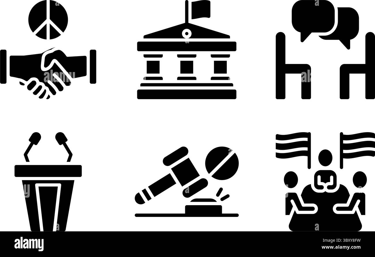 Serie di icone diplomatiche, tra cui cessate il fuoco, summit, negoziati, sanzioni, ambasciata, e conferenza stampa. Utile per i colloqui di pace, per la risoluzione dei conflitti Illustrazione Vettoriale