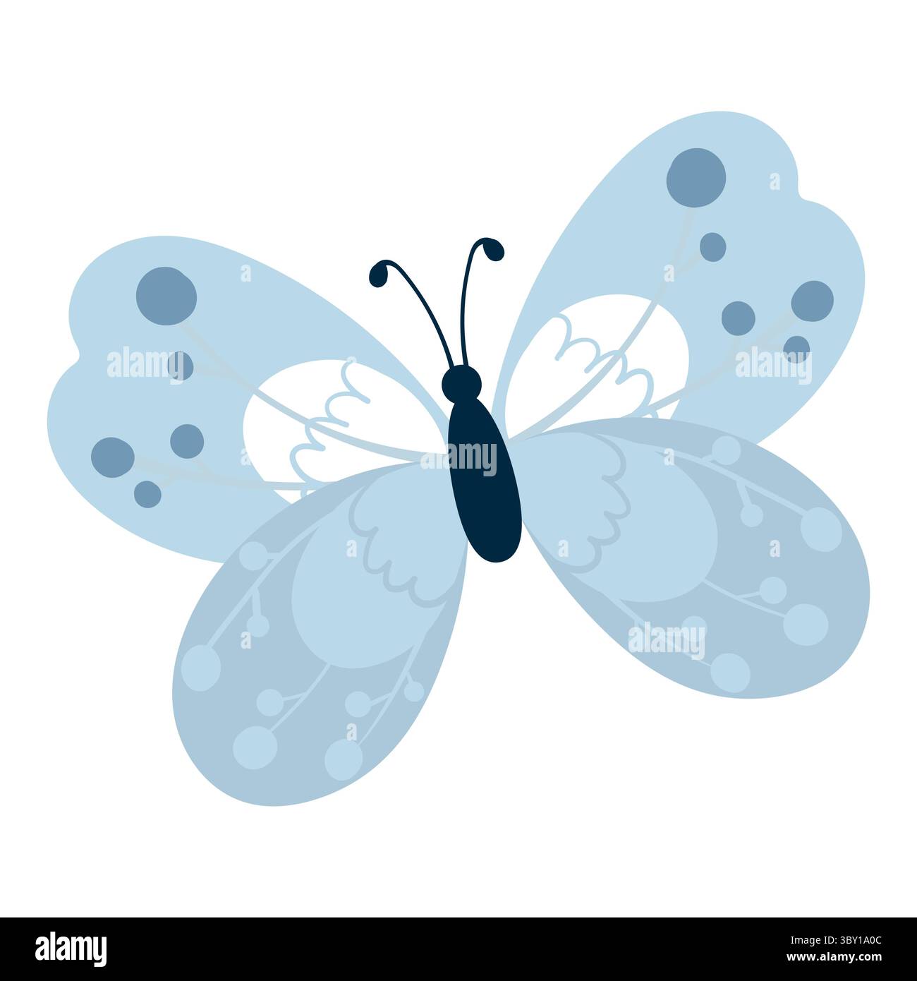 Farfalla Blue Cartoon con ali decorate. Adorabile insetto dei cartoni animati. Simpatico insetto naturale perfetto per inviti, biglietti, poster, vacanze, adesivi. Illustrazione Vettoriale