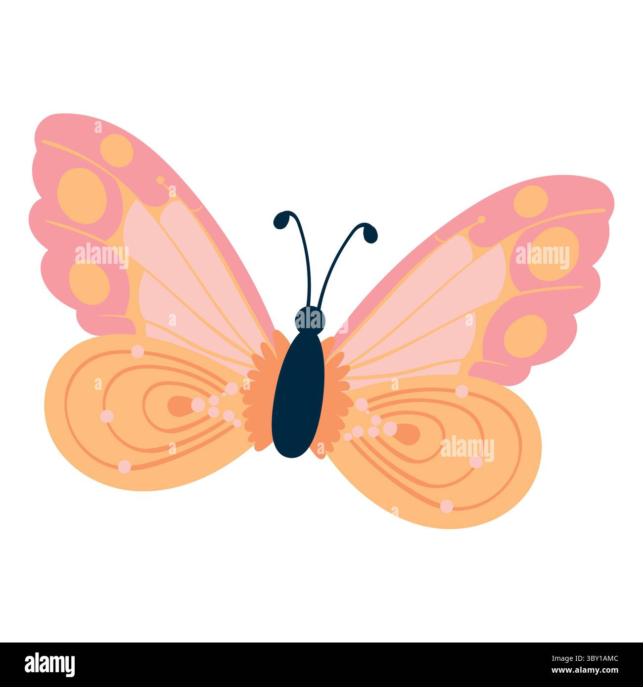 Farfalla di cartone animato arancione e rosa con ali decorate. Adorabile insetto dei cartoni animati. Simpatico insetto naturale perfetto per inviti, biglietti, poster, vacanze Illustrazione Vettoriale
