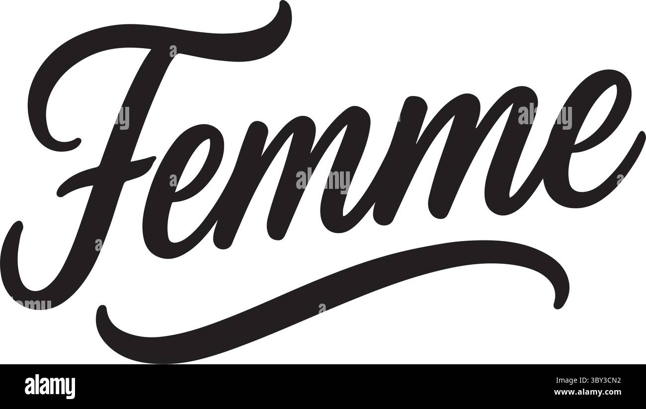 Il testo stilizzato presenta la parola Femme in uno script fluido con particolare attenzione all'estetica del design. La tipografia trasmette femminilità ed eleganza, enfatizza Illustrazione Vettoriale