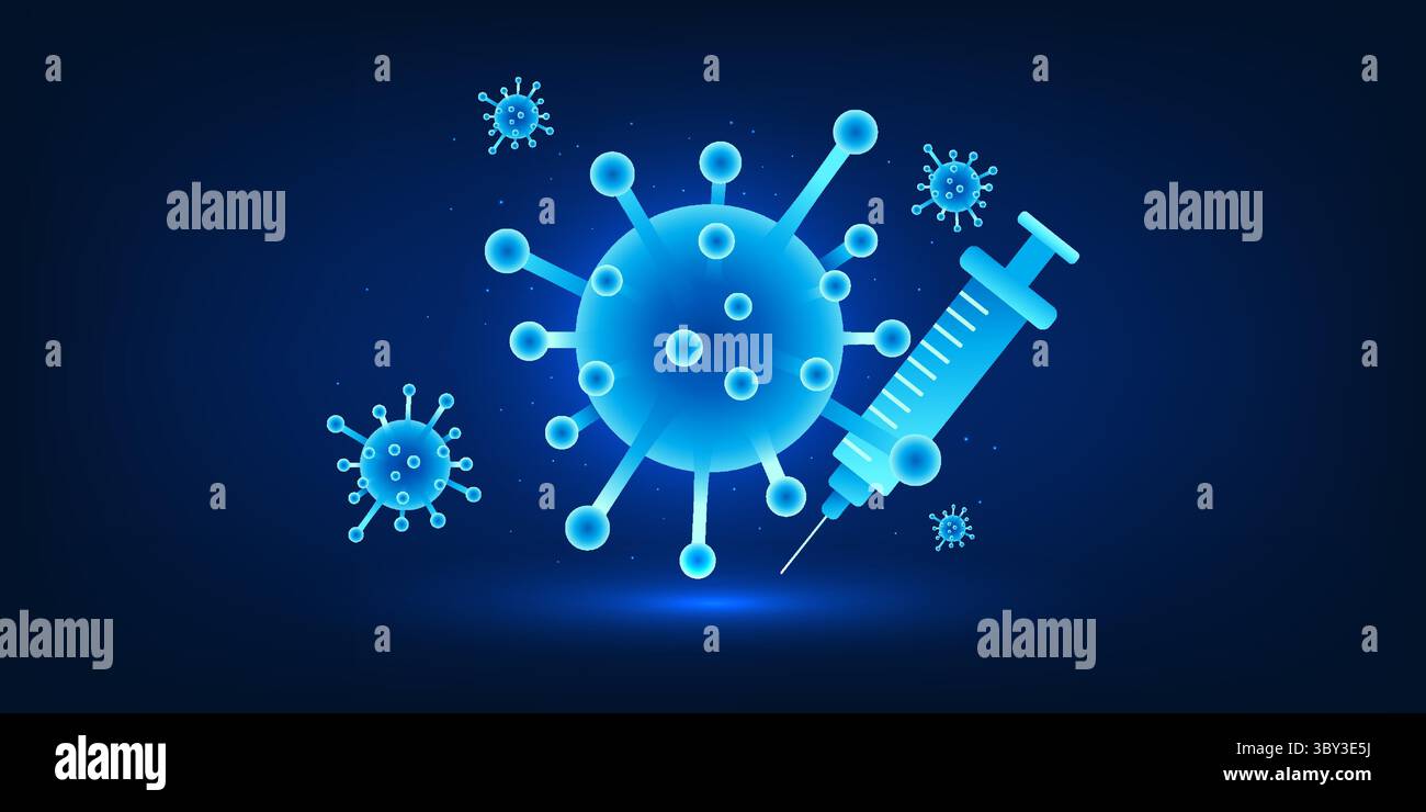 Tecnologia medica, l'invenzione di vaccini contro le malattie emergenti, virus sul lato con una siringa sul lato per prevenire la diffusione di d Illustrazione Vettoriale