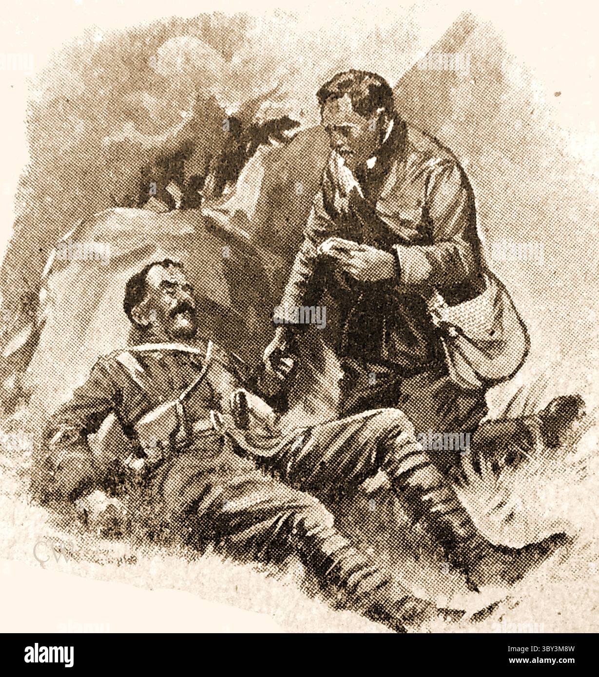 1915 illustrazione - Un medico dell'esercito della prima guerra mondiale che si occupa di un soldato britannico ferito.- illustrazione von 1915 – Ein Sanitäter aus dem ersten Weltkrieg kümmert sich um einen verletzten britischen Soldaten. Foto Stock