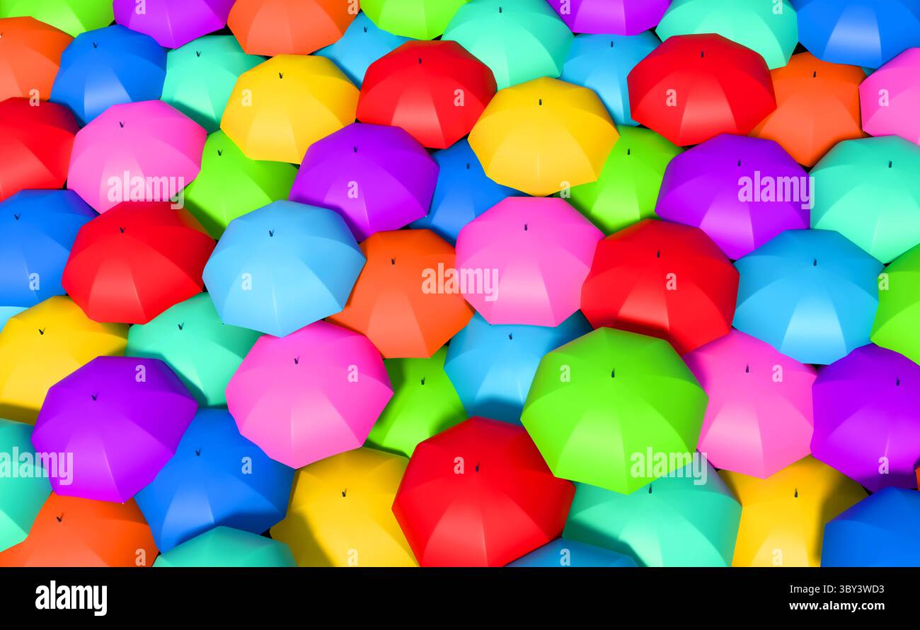 Vista dall'alto degli ombrelli colorati. Vista dall'alto degli ombrelli colorati. Gruppo di rosa, giallo, verde, rosso, blu, ombrelli viola, azzurro, arancione. Illustrazione 3D img umbrella s05 umbrella Orange Blue Foto Stock