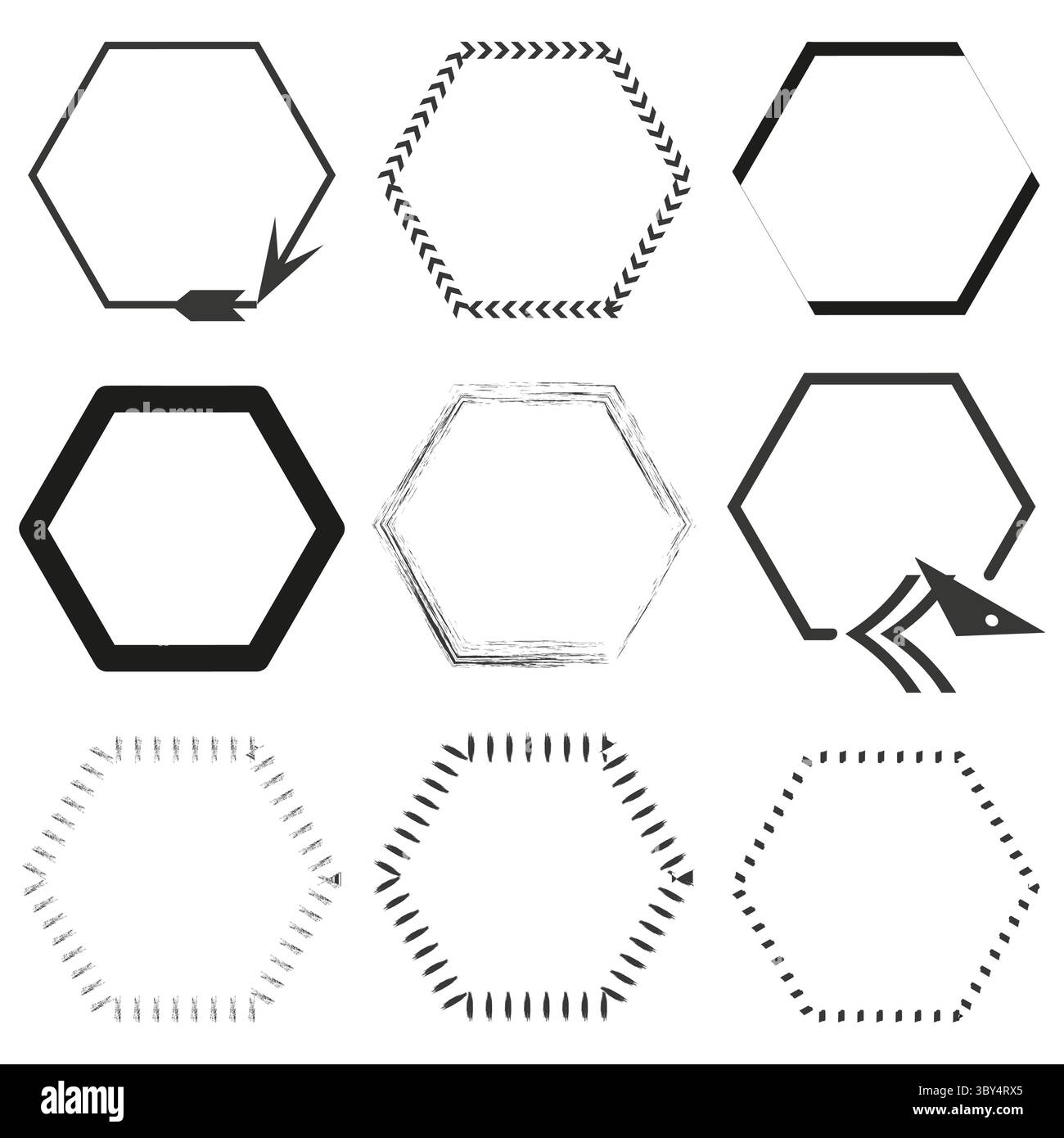 Forma esagonale a freccia. Simbolo del bordo rotto. Cornice nitida vettoriale. Icona contorno direzione. Illustrazione Vettoriale