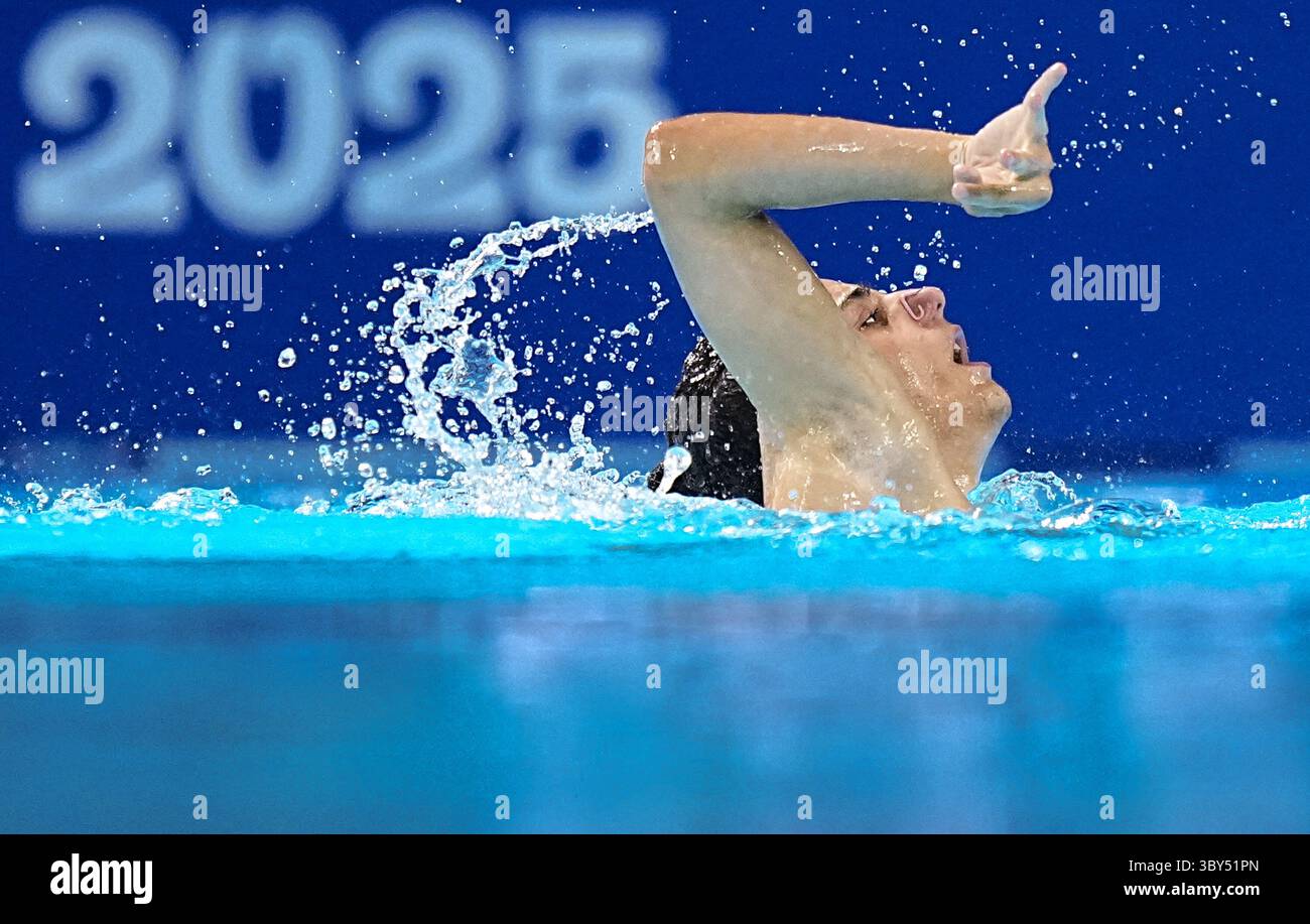 Singapore. 19 luglio 2025. David Martinez, svedese, si esibisce durante la finale tecnica maschile di nuoto artistico ai Campionati mondiali di nuoto acquatico di Singapore, 19 luglio 2025. Crediti: Xia Yifang/Xinhua/Alamy Live News Foto Stock