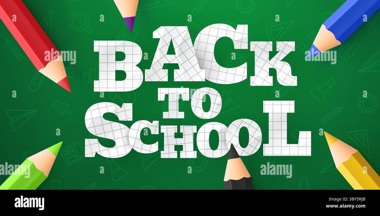 Striscione scolastico con carta e matite per notebook. Banner di ritorno a scuola, poster. Illustrazione vettoriale Illustrazione Vettoriale