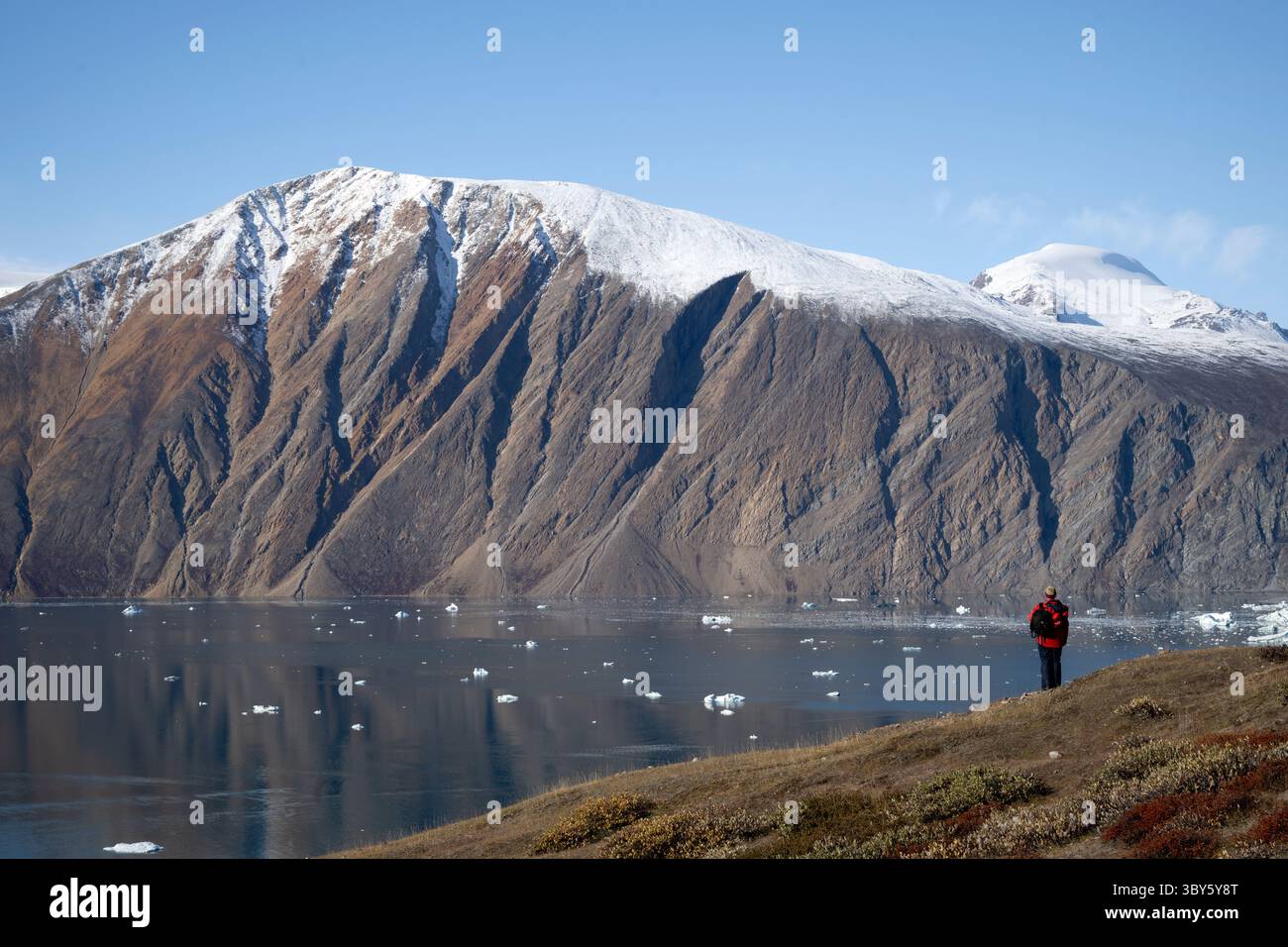 Un passeggero su una nave da crociera è sorpreso dal paesaggio mozzafiato di Terrassepynten, Groenlandia orientale, Groenlandia europea Foto Stock
