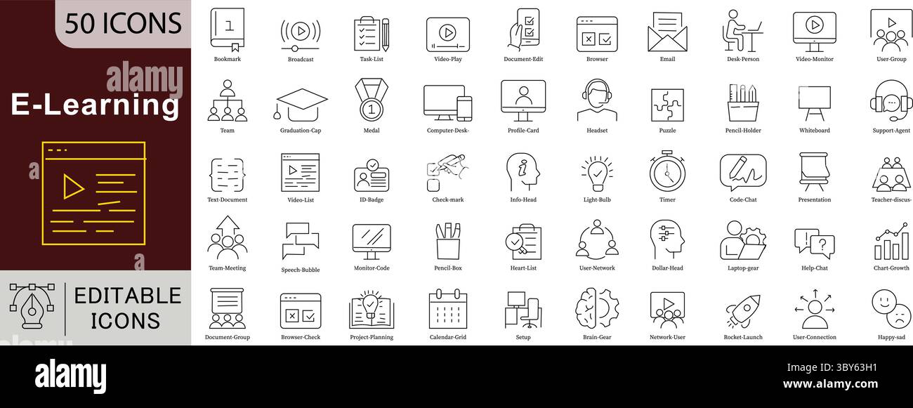 Icone della linea modificabili e-Learning impostate per l'istruzione online, la formazione digitale e lo studio remoto Illustrazione Vettoriale