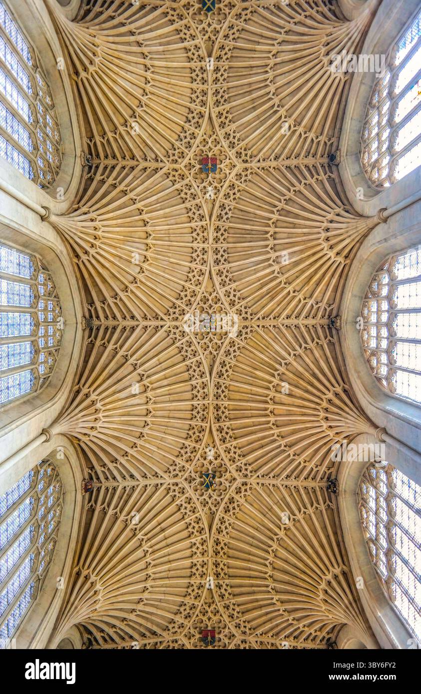 Spettacolare soffitto a volta ventilato dell'abbazia di Bath che mostra intricate pareti in pietra gotica perpendicolare e archi a coste, Somerset, Inghilterra, Regno Unito Foto Stock