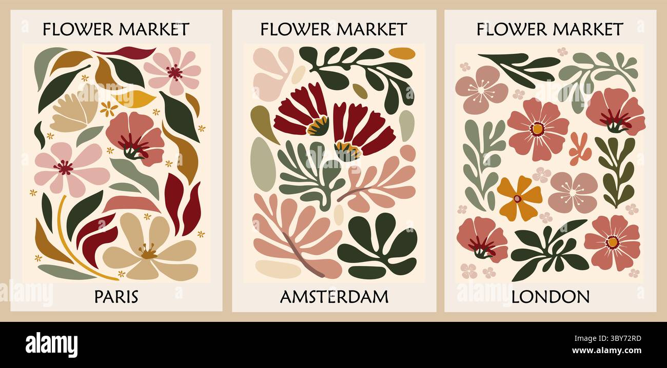 Set di poster in stile retrò per il mercato dei fiori Illustrazione Vettoriale
