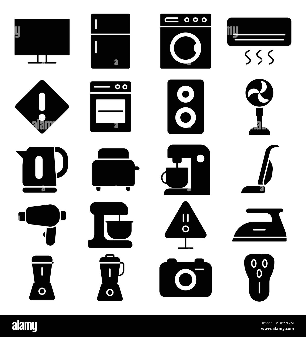 Una collezione di silhouette nere che rappresentano vari elettrodomestici ed elettronici, perfetta per icone, infografiche o progetti di design Illustrazione Vettoriale