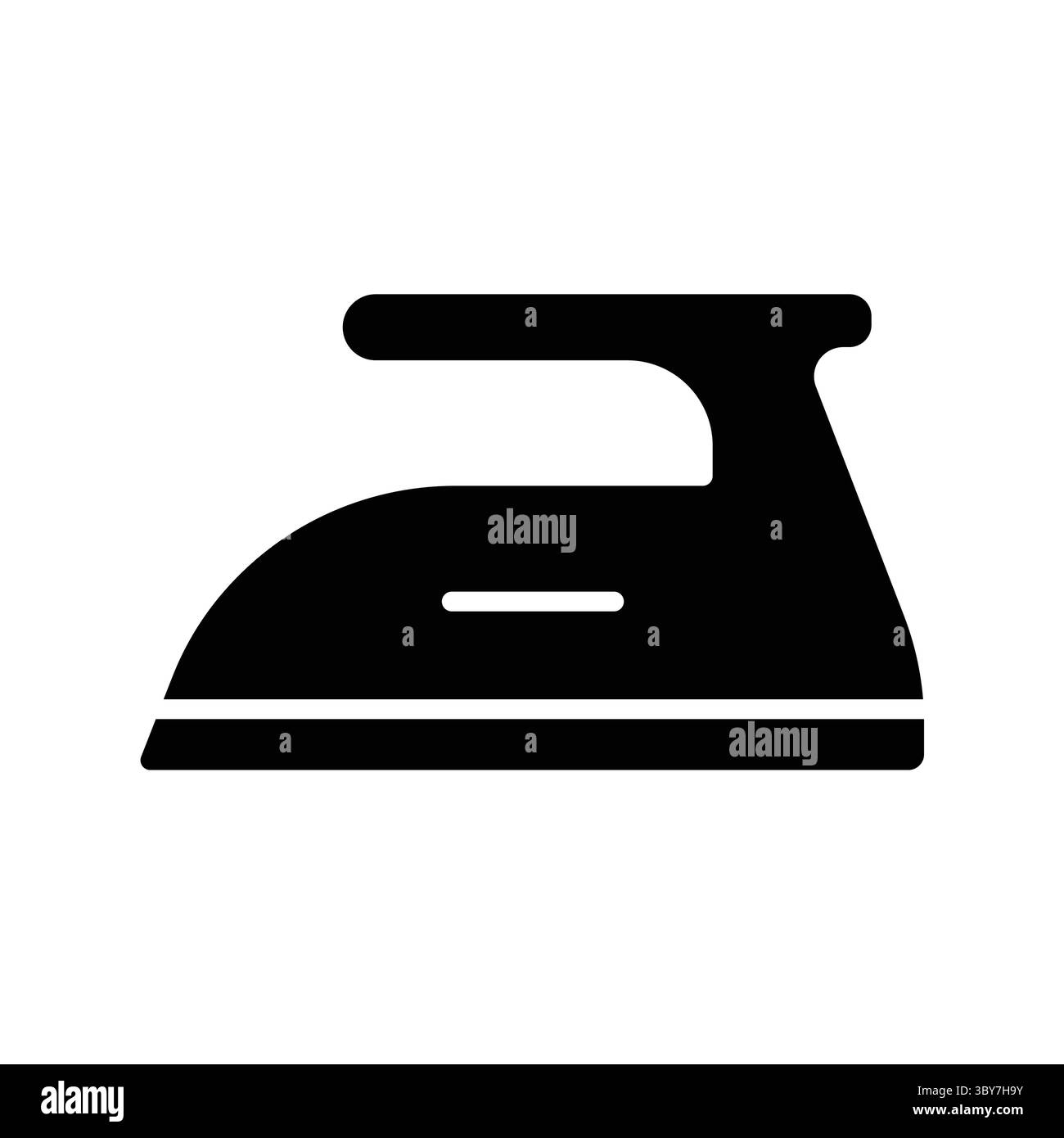 Questa immagine presenta una silhouette nera di un ferro da stiro a vapore su sfondo bianco, ideale per rappresentare gli utensili da bucato in ambienti domestici o per la pulizia Illustrazione Vettoriale