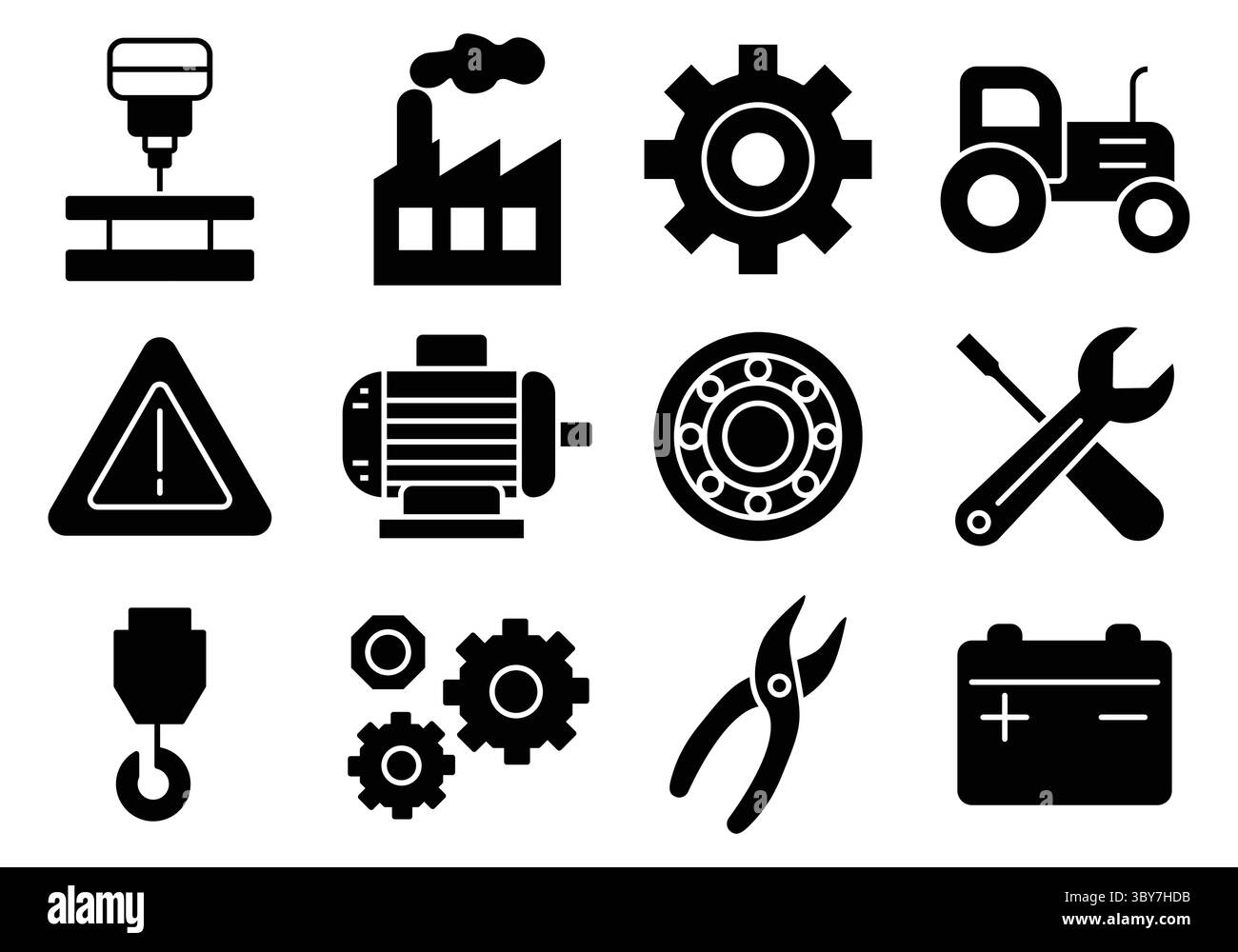 Una collezione di semplici icone nere che rappresentano attrezzature e utensili industriali, adatte per la produzione, l'ingegneria e la meccanica in visua Illustrazione Vettoriale