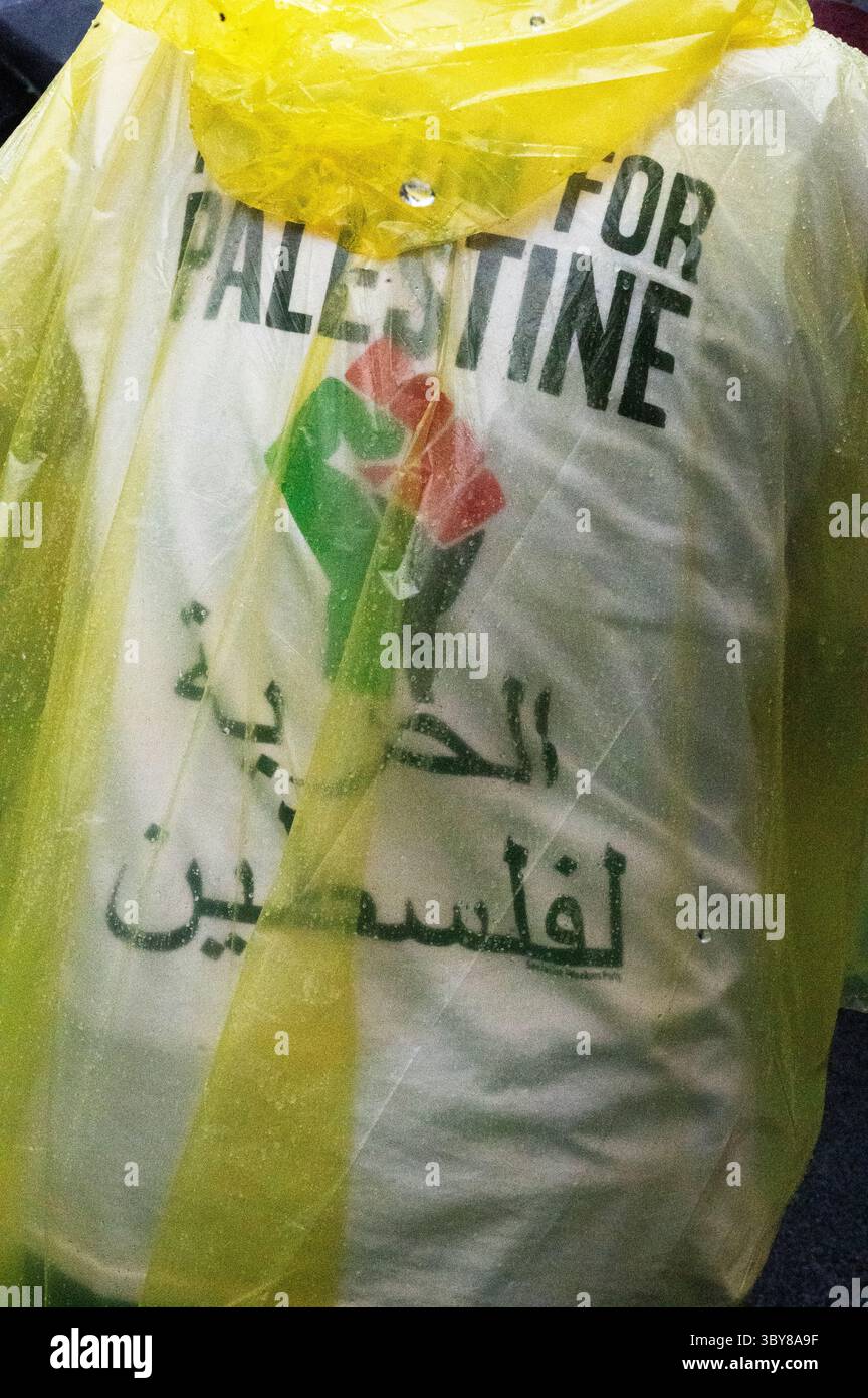Il 19 luglio 2025 i manifestanti si sono riuniti sull'Embankment, nel centro di Londra, nella pioggia battente per marciare a sostegno della popolazione in Palestina e Gaza. Foto Stock