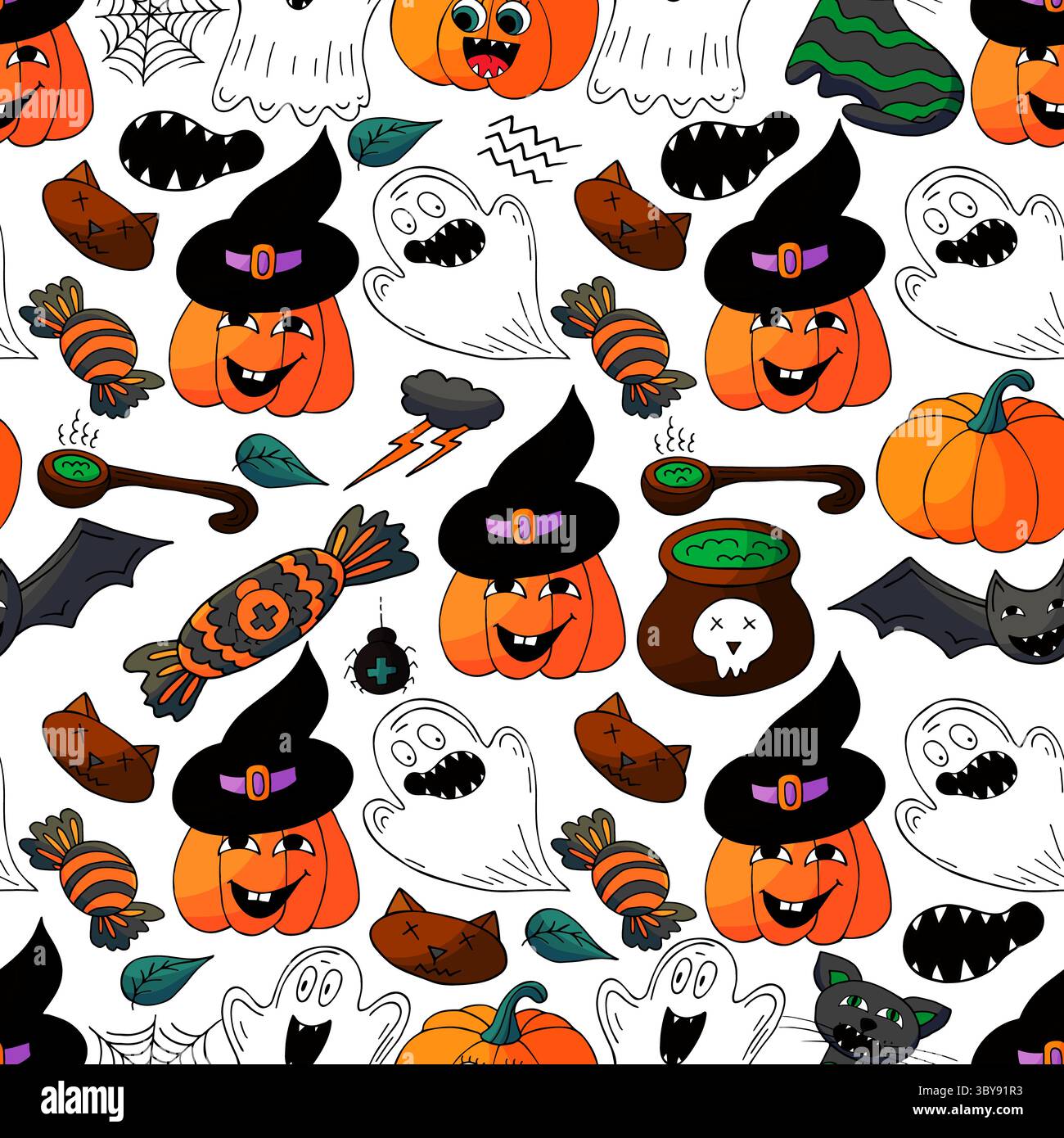 Motivo Halloween senza cuciture in stile disegno a mano. Zucca, Bat. Carta da parati per la tua creatività. Stampa per design, tessuti Illustrazione Vettoriale