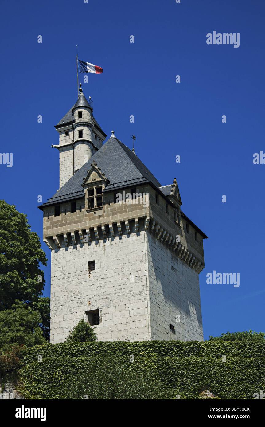 Primo piano della torre dei Duchi al Castello Savoia, con il cielo blu nel centro della città di Chambery. Situato nel dipartimento della Savoia, Alvernia-Rodano Foto Stock