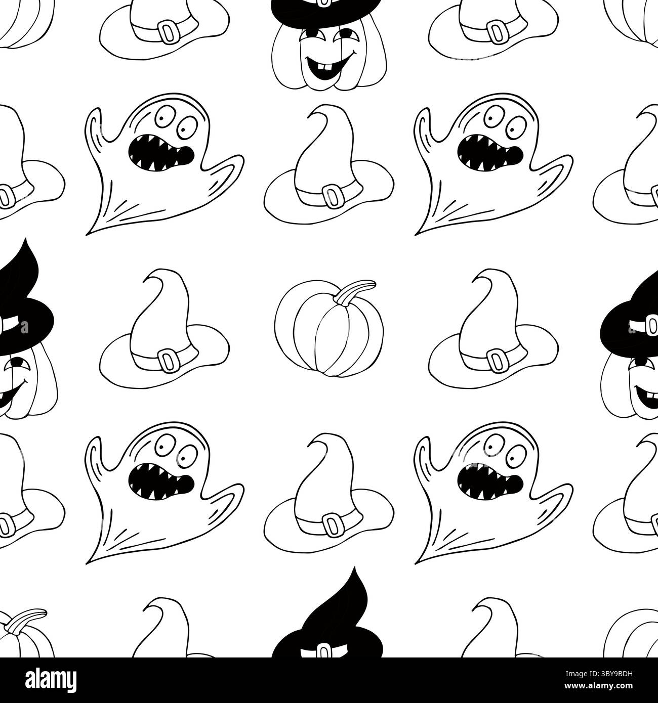Halloween monocromatico in stile disegno a mano. Carta da parati per la tua creatività. Zucca, fantasmi, cappello da strega. Stampa per design, tessuto, tessuto, wallpap Illustrazione Vettoriale
