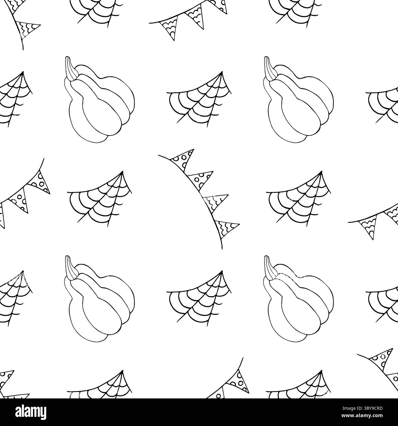 Halloween monocromatico in stile disegno a mano. Jack-o-lanterna, bandiere. Carta da parati per la tua creatività. Stampa per design, tessuti, tessuti Illustrazione Vettoriale