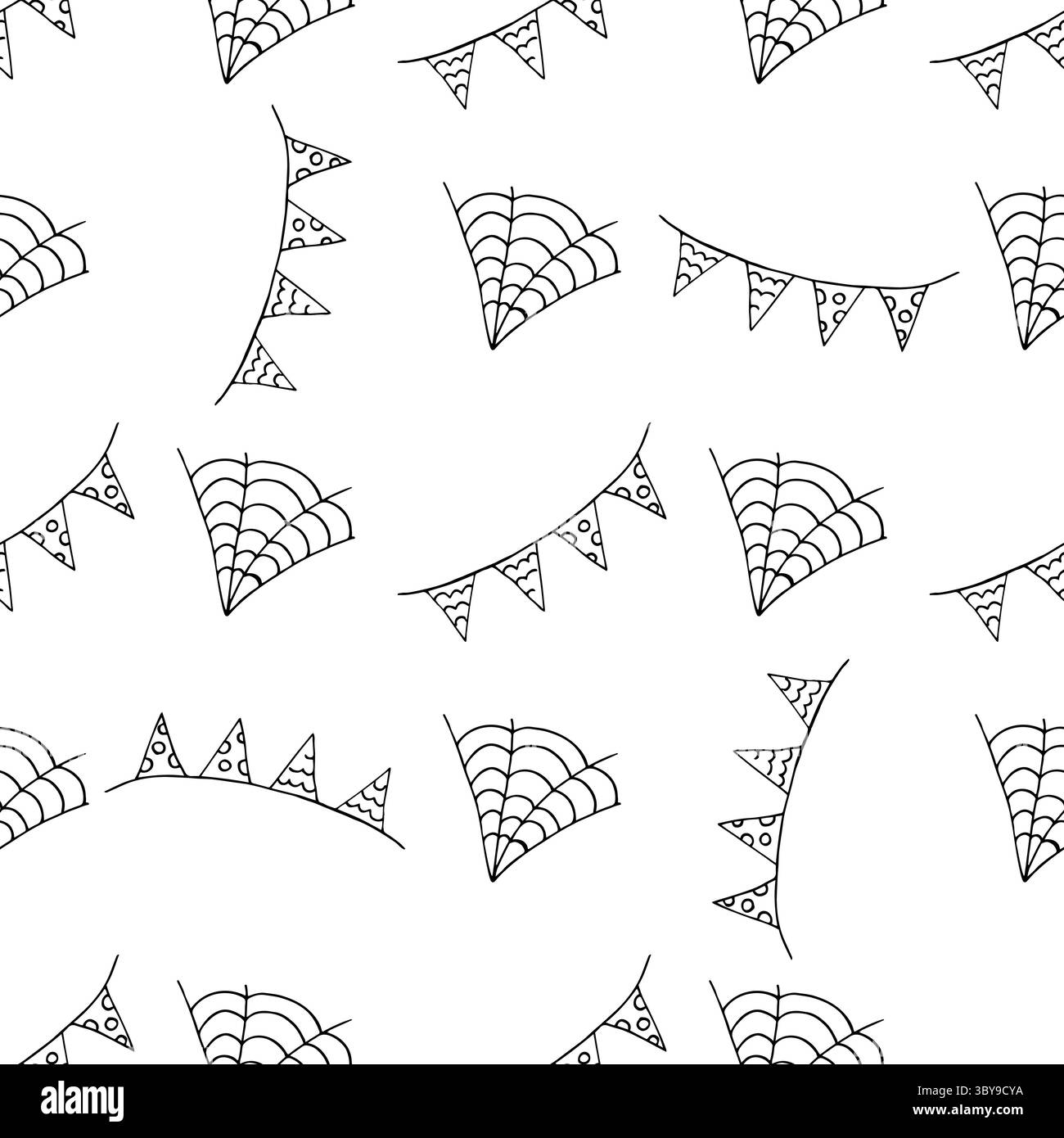 Motivo Halloween senza cuciture in stile disegno a mano. Flag. Sfondo monocromatico per la tua creatività. Stampa per design, tessuto, tessuto, carta da parati Illustrazione Vettoriale