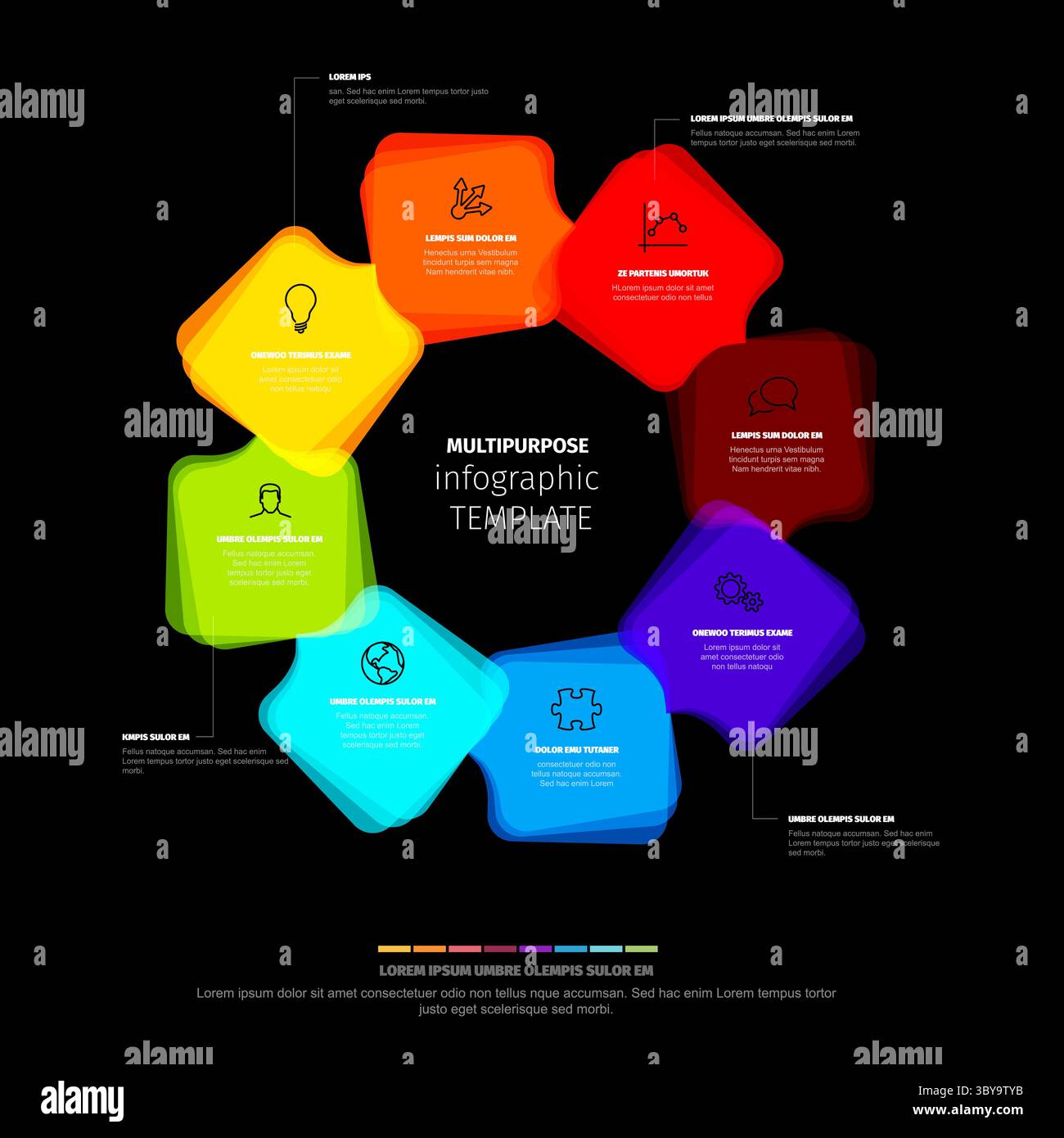 Un vivace modello infografico polivalente è caratterizzato da un design a ciclo circolare colorato. Ideale per la presentazione di fasi aziendali, dati o varie pr Illustrazione Vettoriale